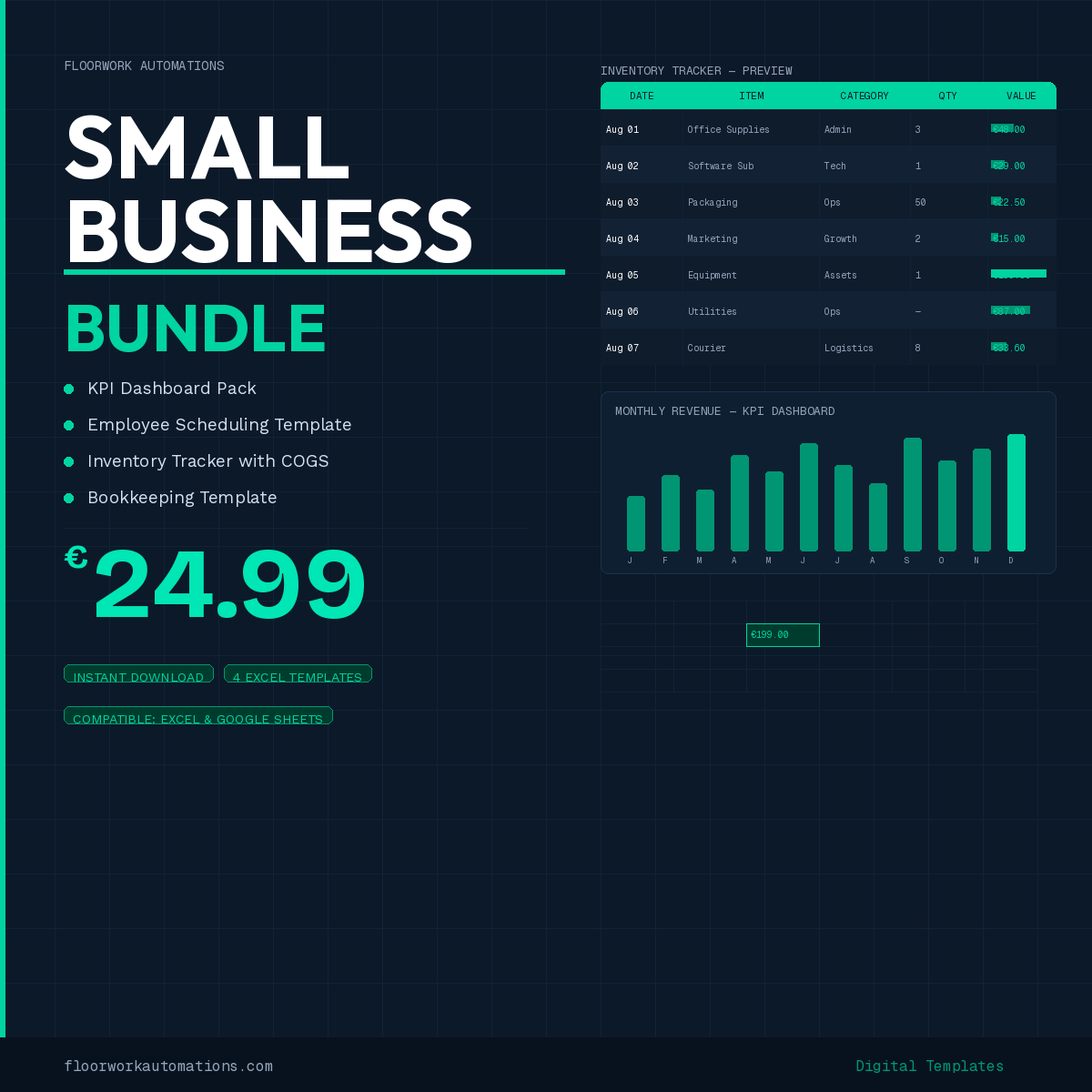 Small Business Ultimate Bundle – 4 Excel Templates (KPI Dashboard, Inventory, Scheduling, Bookkeeping)