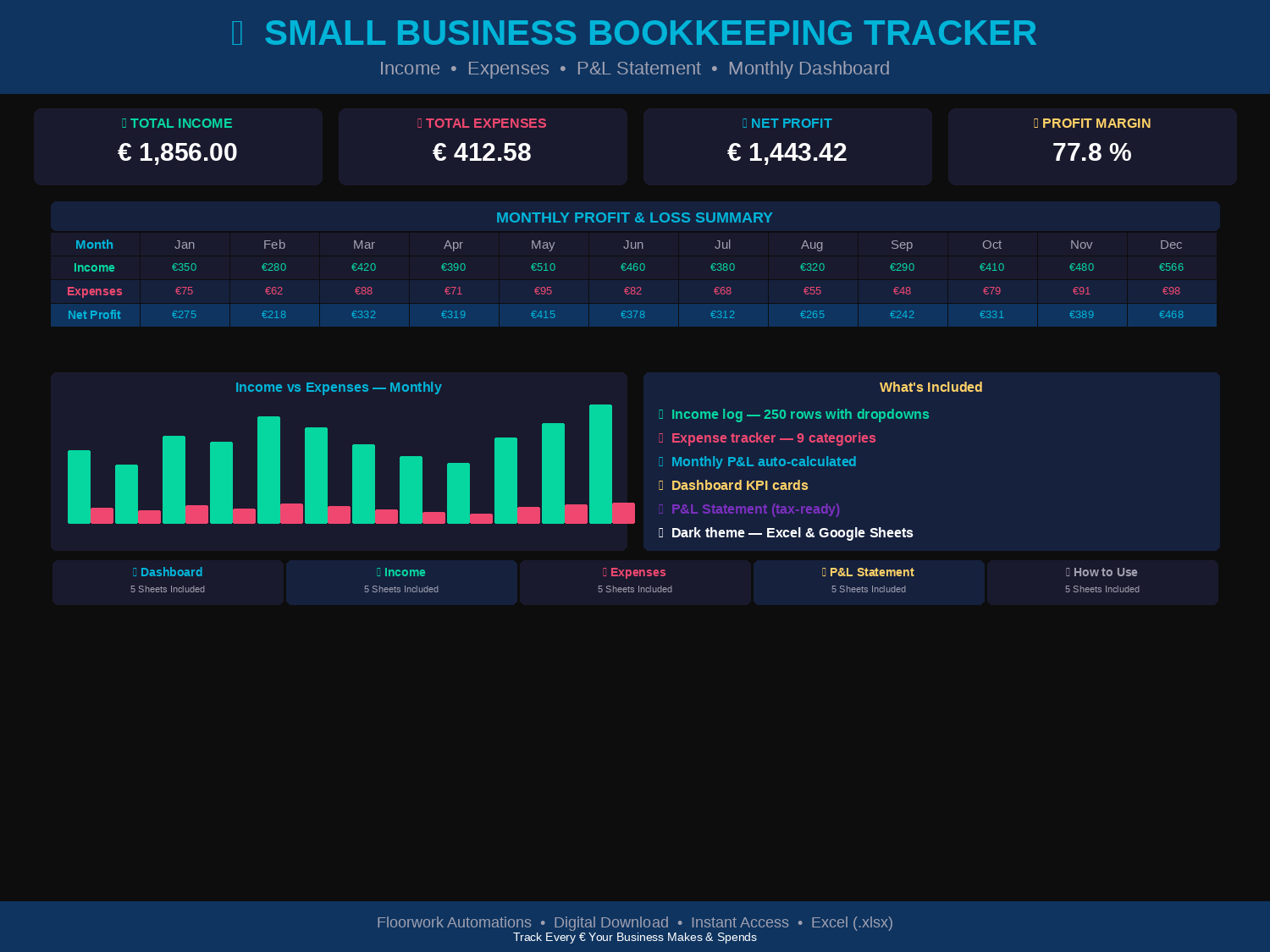 Small Business Bookkeeping Template | Income & Expense Tracker | P&L Dashboard | Excel Spreadsheet